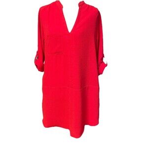 LUSH Tomato Red Medium Dress Minimalist Vee V Neck Roll Sleeve Boho Pocket Tunic
